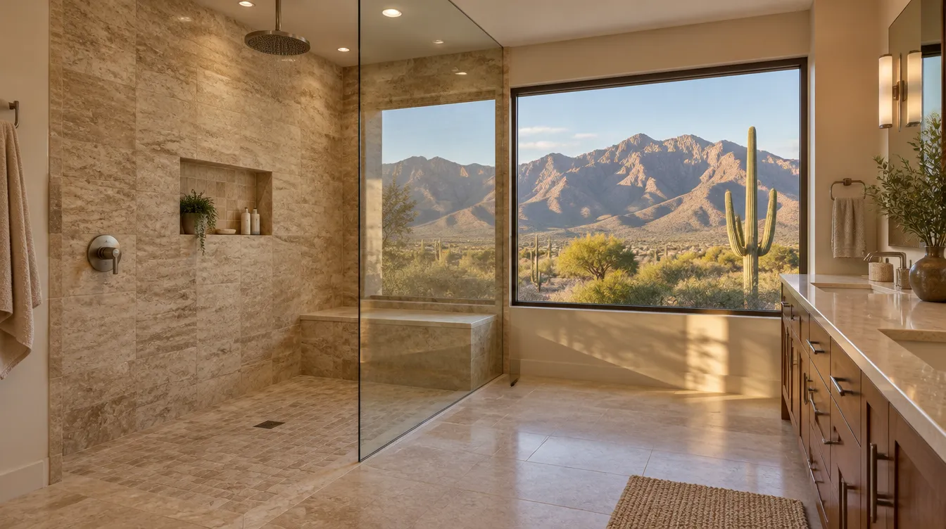 Bathroom inspiration with warm stone surfaces and a glass shower