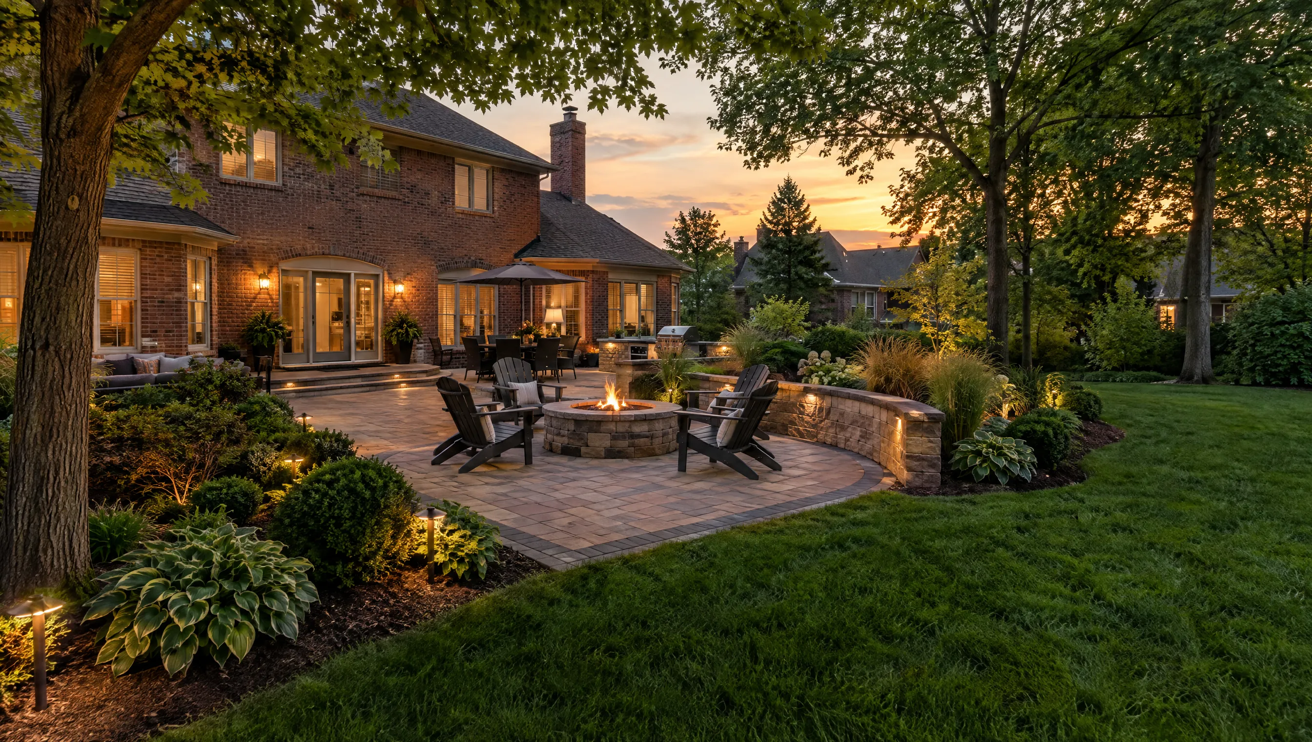 Residential inspiration showing a landscaped patio beside a home
