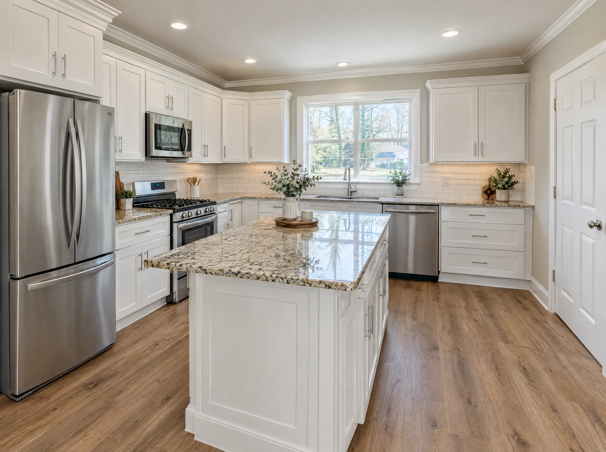 Kitchen inspiration with white cabinets, a stone island, and wood flooring