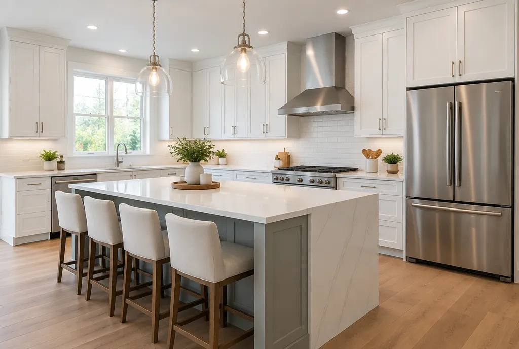 Kitchen inspiration with a white island, pendant lights, and warm wood flooring