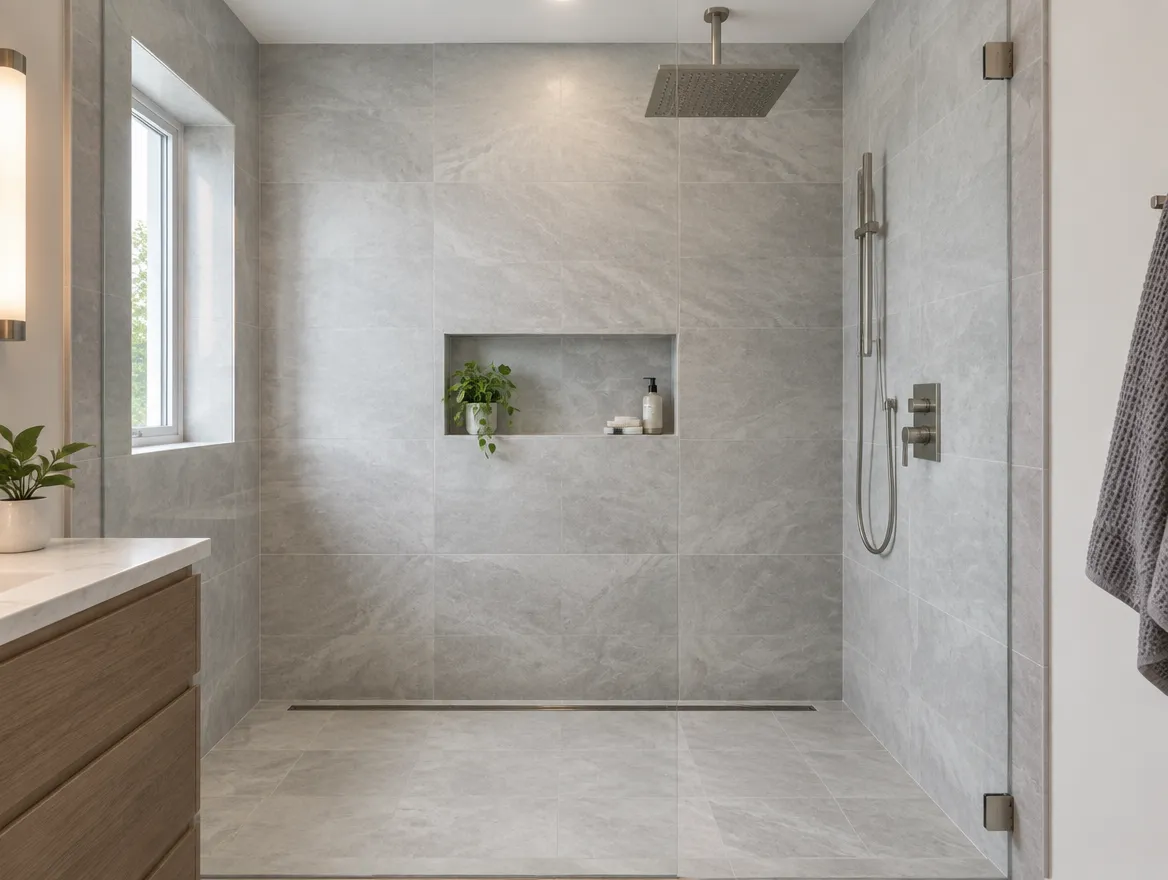 Shower inspiration with large pale tiles and a recessed niche