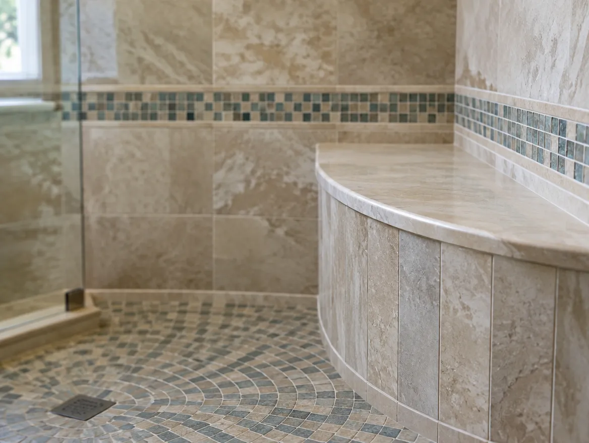 Tile inspiration featuring a shower bench and mosaic detailing
